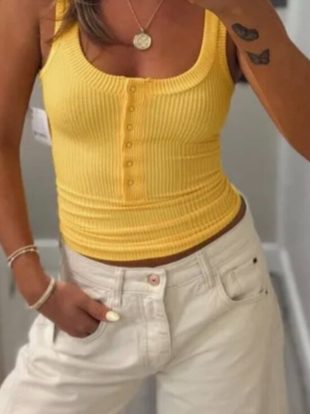 NWT Free People Intimately Clean Slate Henley in Lemon- M/L- MSRP $38